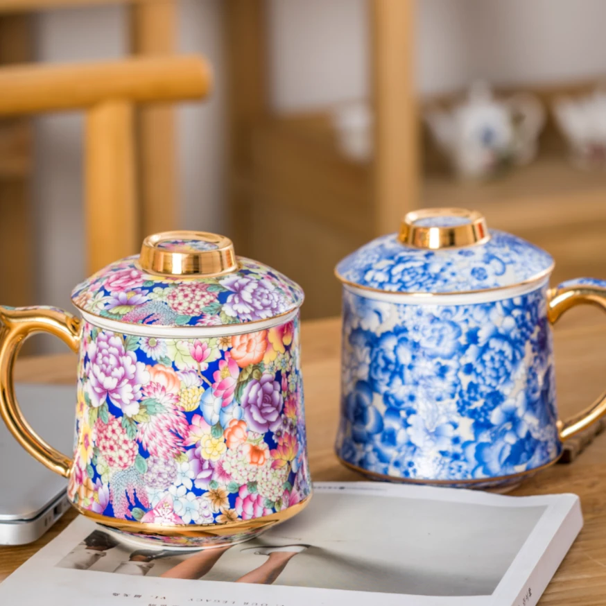 过滤杯景德镇手绘金边珐琅彩万花系带大号过滤茶杯容量380ml