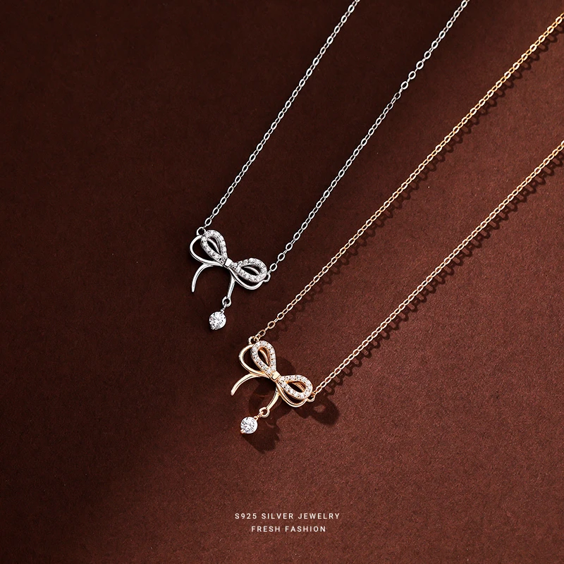 坠链均925银 可爱蝴蝶结简约吊坠少女心小清新镶钻灵动轻奢锁骨链