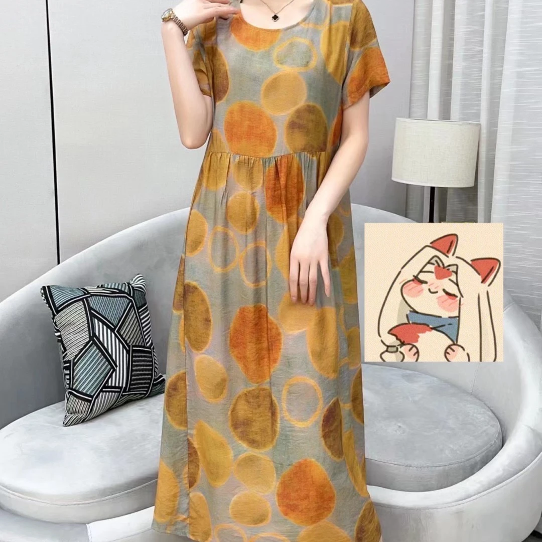 清2024唐姐优选妈妈装气质圆领显瘦遮肉夏连衣裙mm2223