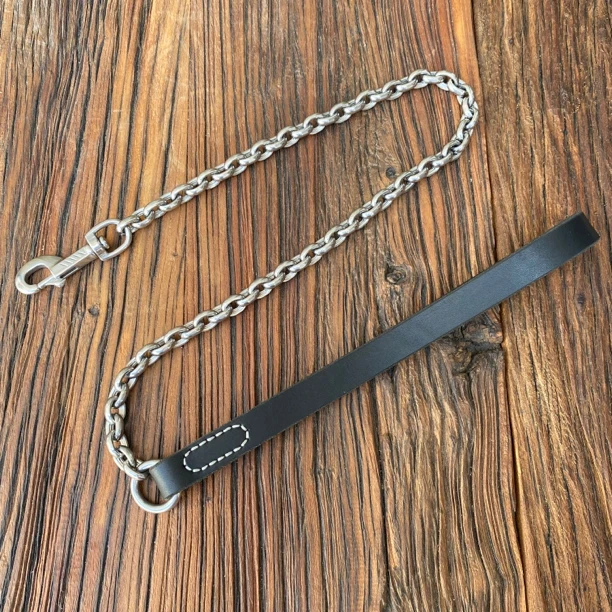 圆面牛皮把手精品链马犬德牧牵引链防咬耐磨遛狗绳