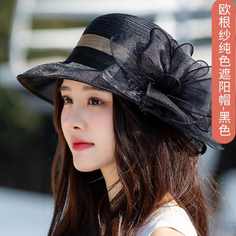 渔夫帽子女春夏季中老年欧根纱花朵凉帽优雅遮阳帽防晒妈妈盆帽子