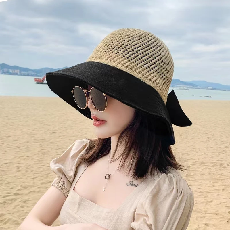 夏季防晒遮阳帽女士大檐蝴蝶结渔夫帽可折叠骑车草帽