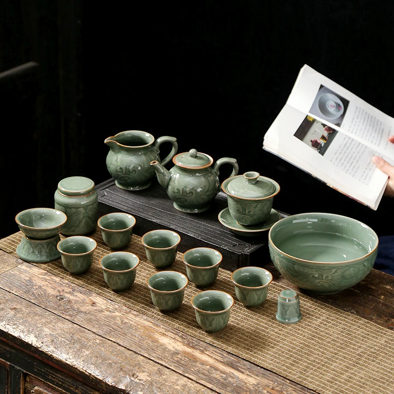 六晋高档影雕哥窑茶具套装家用客厅办公功夫茶具茶道盖碗茶壶茶洗