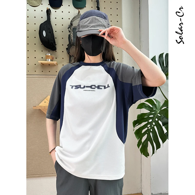 2025夏季款拼色插肩袖户外运动休闲圆领印花短袖男女宽松撞色T恤