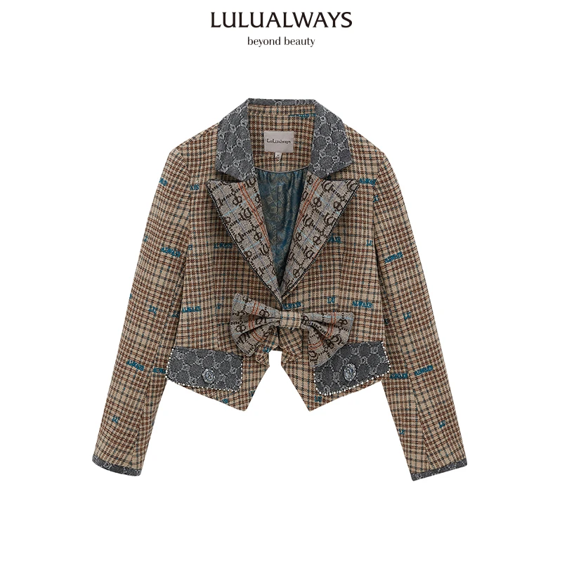 LULUALWAYS气质蝴蝶结拼接格子提花上衣女短外套LMD1059