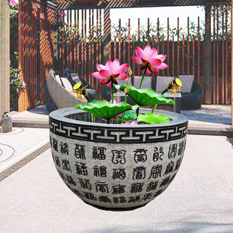百福鱼缸石雕荷花鱼缸石头庭院圆形水缸养鱼花盆青石仿古超大石缸