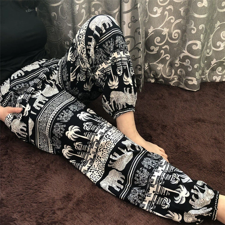 防蚊裤女裤夏泰国大象棉绸裤子薄款睡裤人造棉碎花夏季沙滩灯笼裤