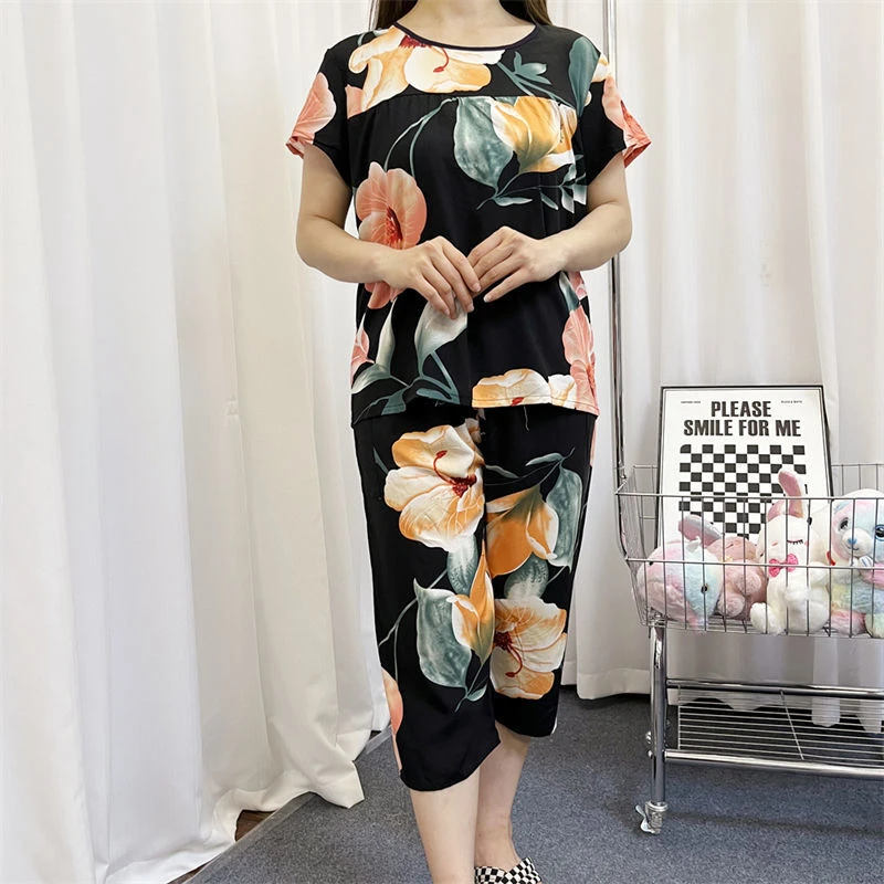 夏季休闲薄款中年套装大码印花宽松加肥加大女士圆领短袖七分裤