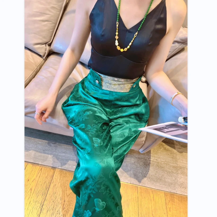 【老罗家】原创设计香云纱休闲裤高定桑蚕丝花罗拼宋锦高腰萝卜裤