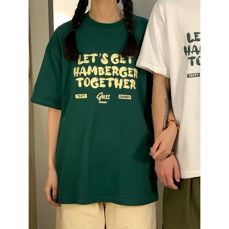 藤原不卖豆腐日系复古250g夏季圆领纯棉汉堡印花情侣短袖T恤4435