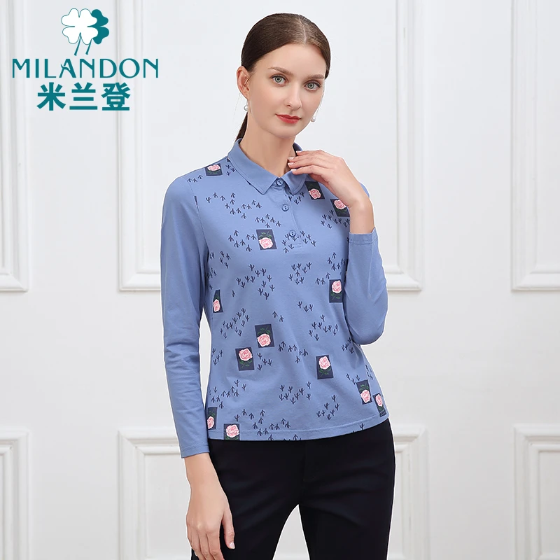 MILANDON/米兰登春秋时尚印花POLO领长袖女t恤衫显瘦上衣1N1T1110
