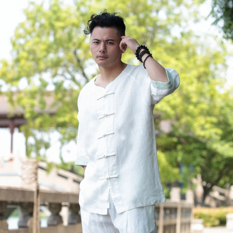 玄灵帝2213中国风夏季男士亚麻短袖手工盘扣唐装中式连肩短袖