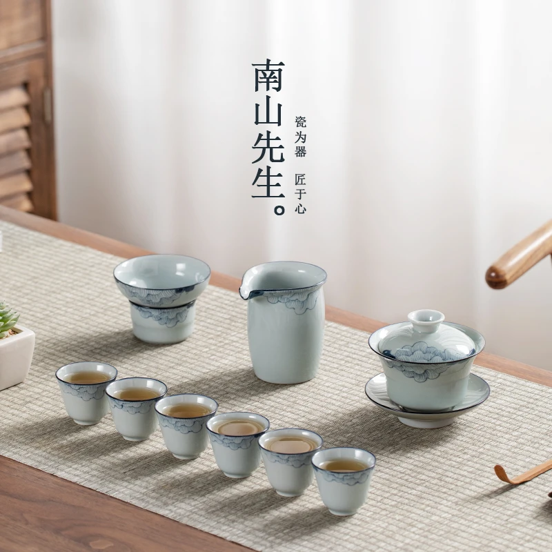 南山先生 手绘芙蓉九件套 仿古手绘套装 家用茶具三才盖碗套装