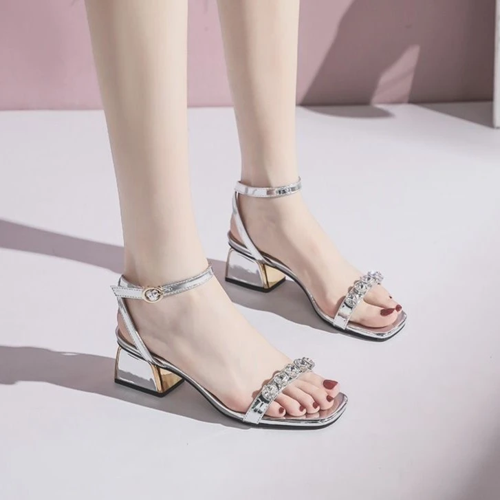 【真皮脚垫】仙女风时装凉鞋女2025夏季罗马水钻高跟凉鞋粗跟4.5CM