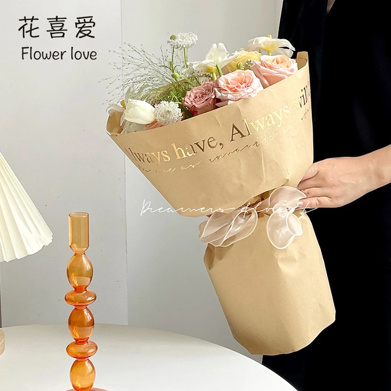 花喜爱 新款烫金英文牛皮纸一如既往爱你鲜花包装纸花束材料