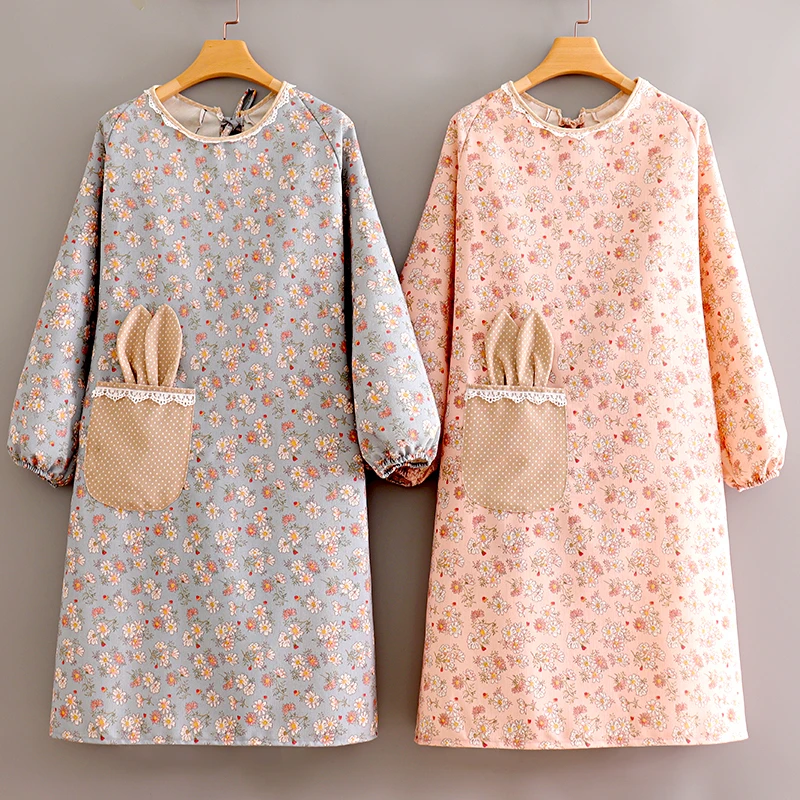 韩版时尚帆布长袖围裙家用厨房做饭女罩衣工作服耐磨防污透气新款