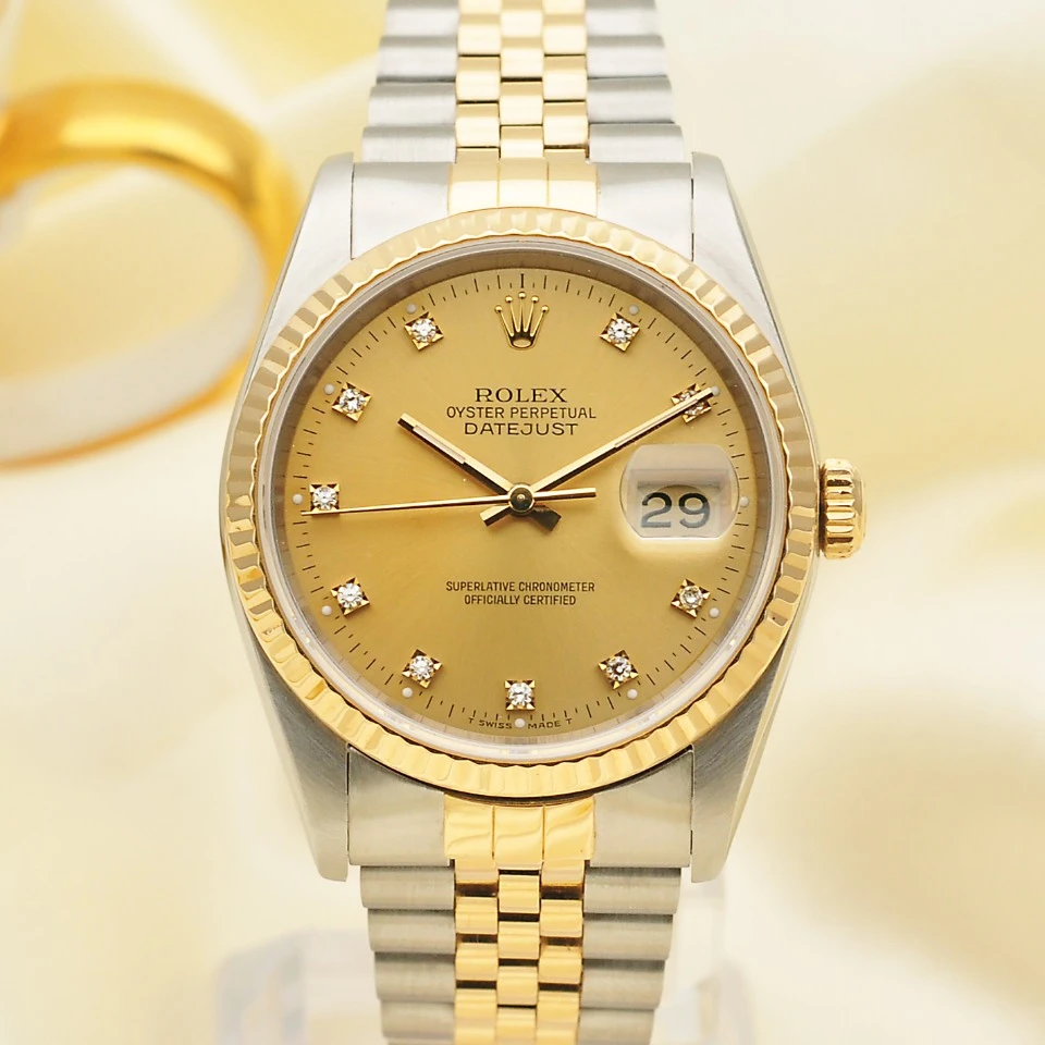 99新 Rolex/劳力士 爱换/日志16233香槟间金原钻36mm自动机械男表