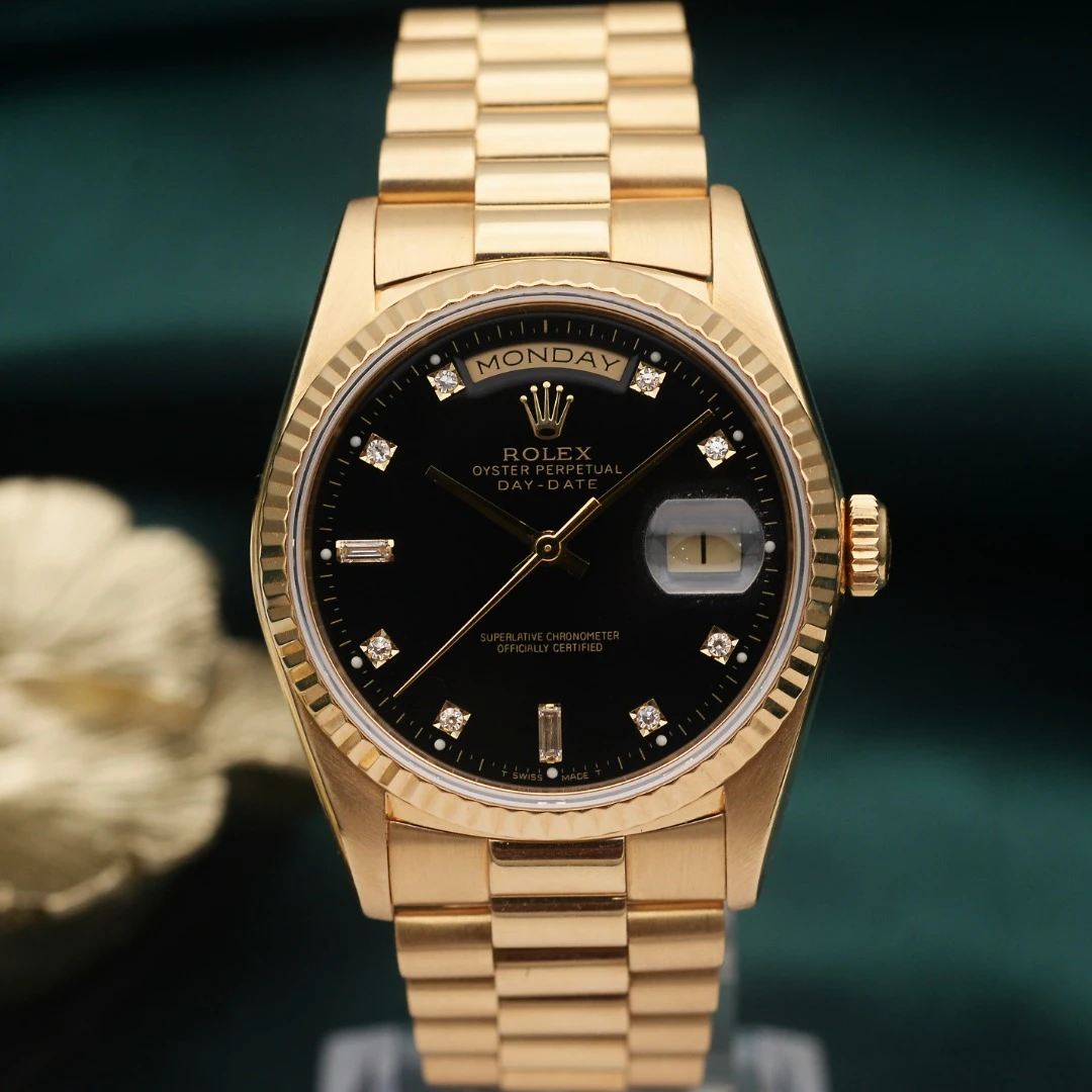 99新 Rolex/劳力士 泽泰/星期日历型18038黑盘/18K黄金/36mm