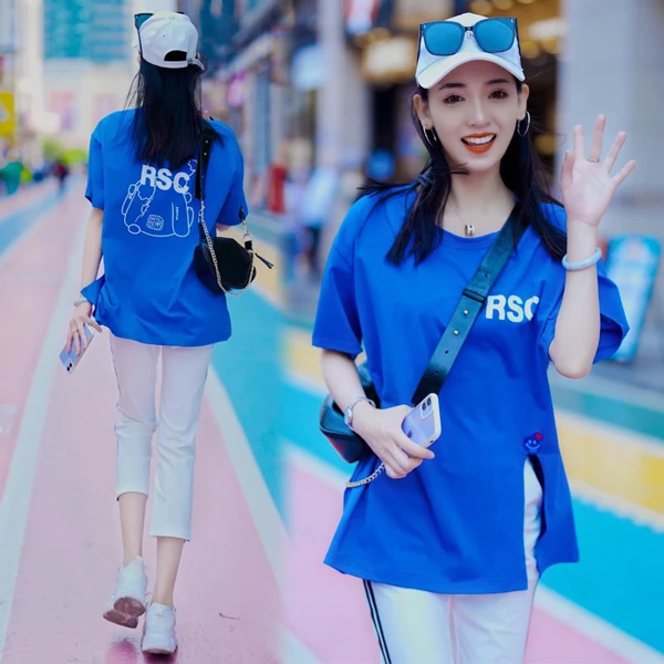 夏季新款开叉小熊宽松百搭韩版洋气休闲百搭印花显瘦圆领大码T恤
