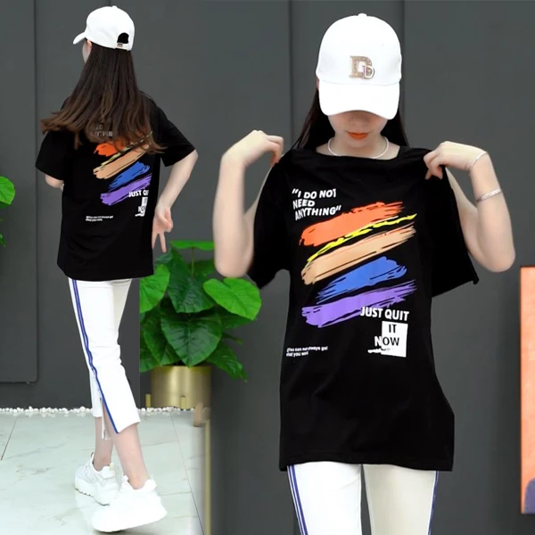 2025夏季新款彩色印花大版宽松洋气休闲通勤大码显瘦圆领短袖T恤