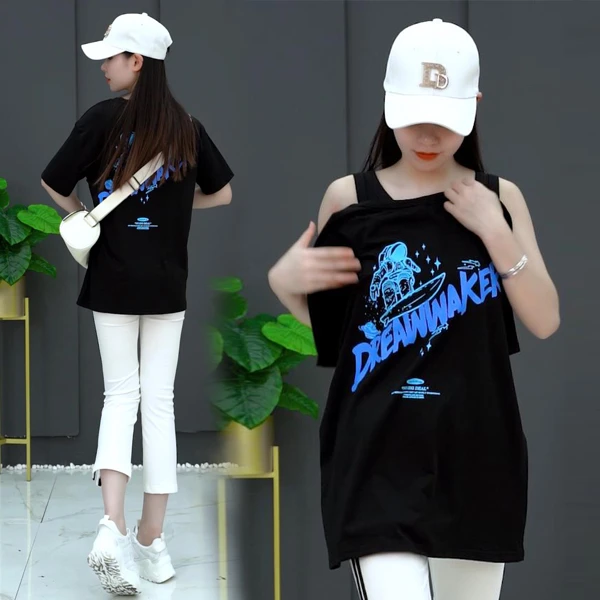 印花字母大版T恤女短袖2025夏季新款简约时尚大码宽松圆领上衣