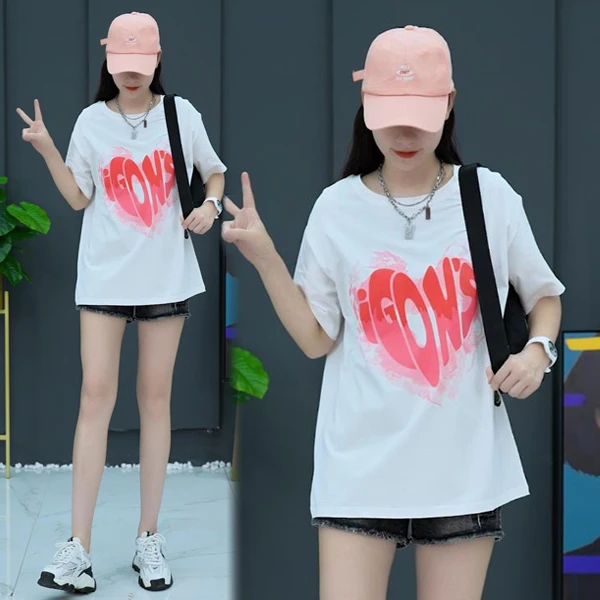 2025年夏季新款爱心字母韩版时尚洋气休闲宽松大码女短袖T恤上衣