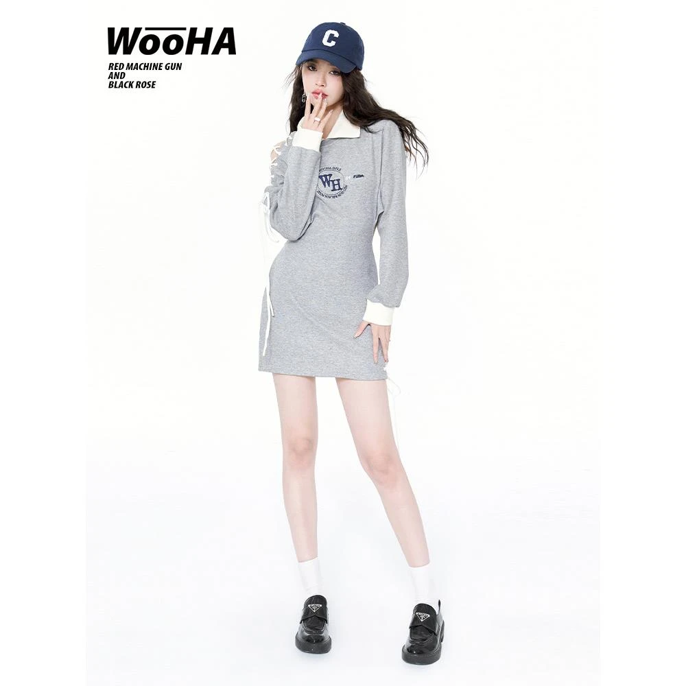 【新品】WooHa/吾哈2022早秋新款甜酷休闲小心机露腰卫衣连衣裙女