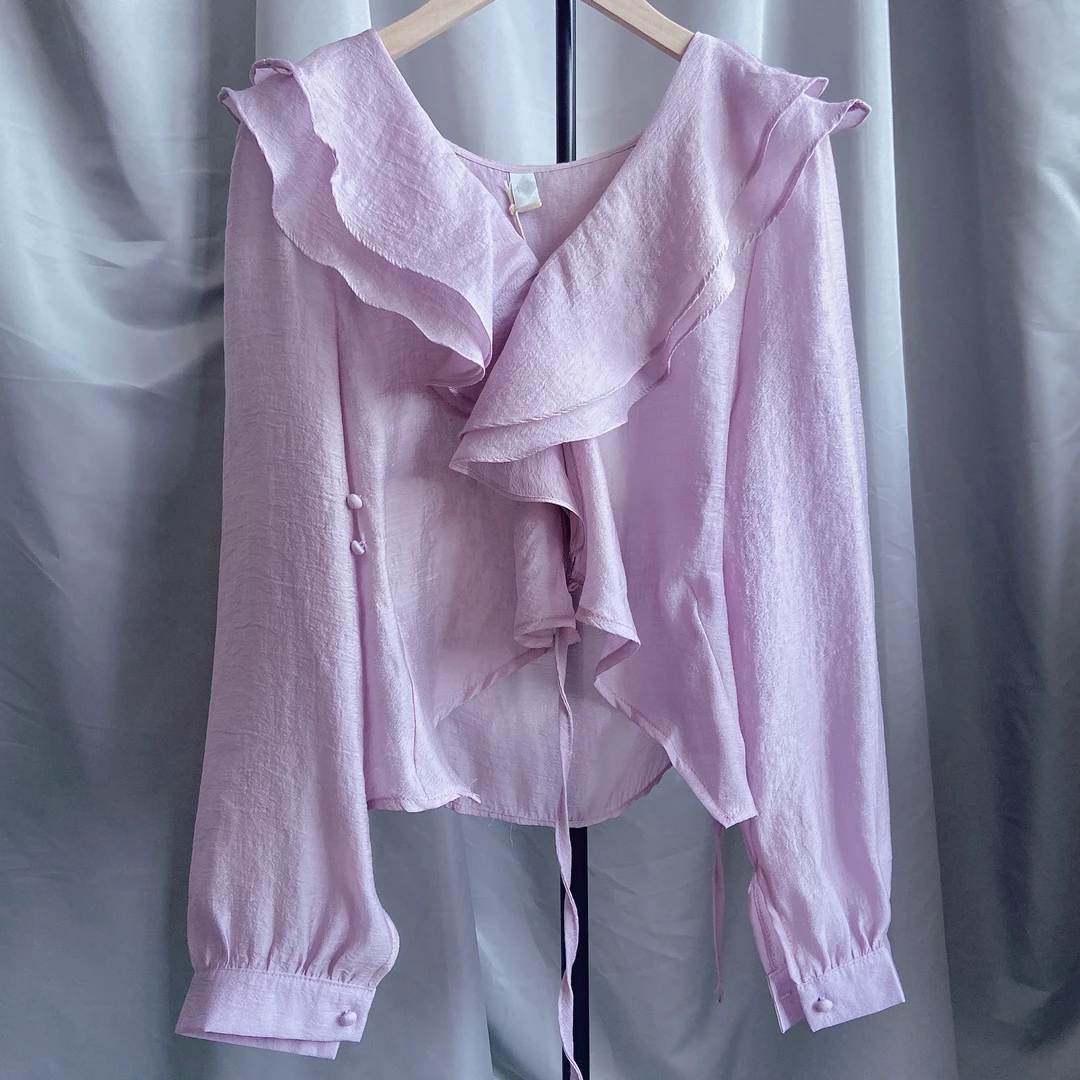 清仓V领荷叶边小衫no退no换