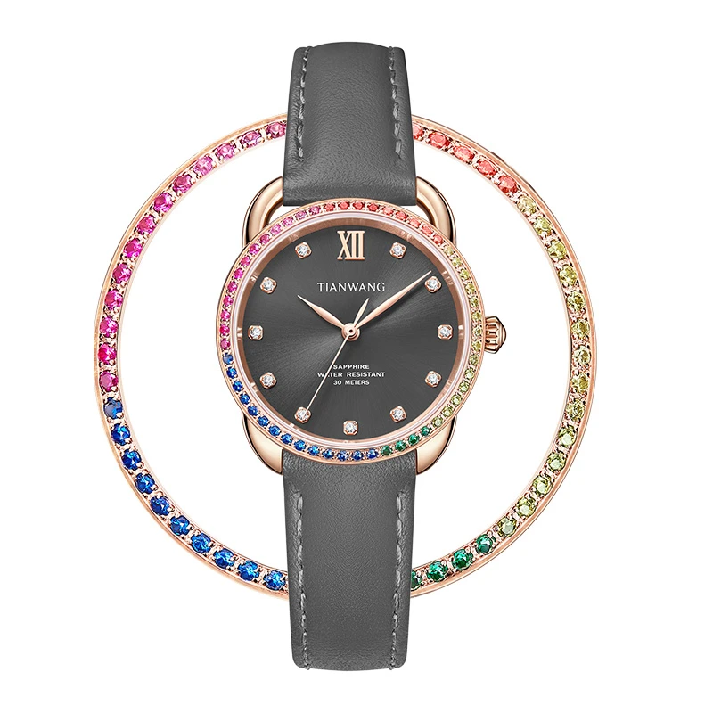 【轻奢炫彩表圈】天王手表彩虹女表皮带石英表防水时尚腕表31254