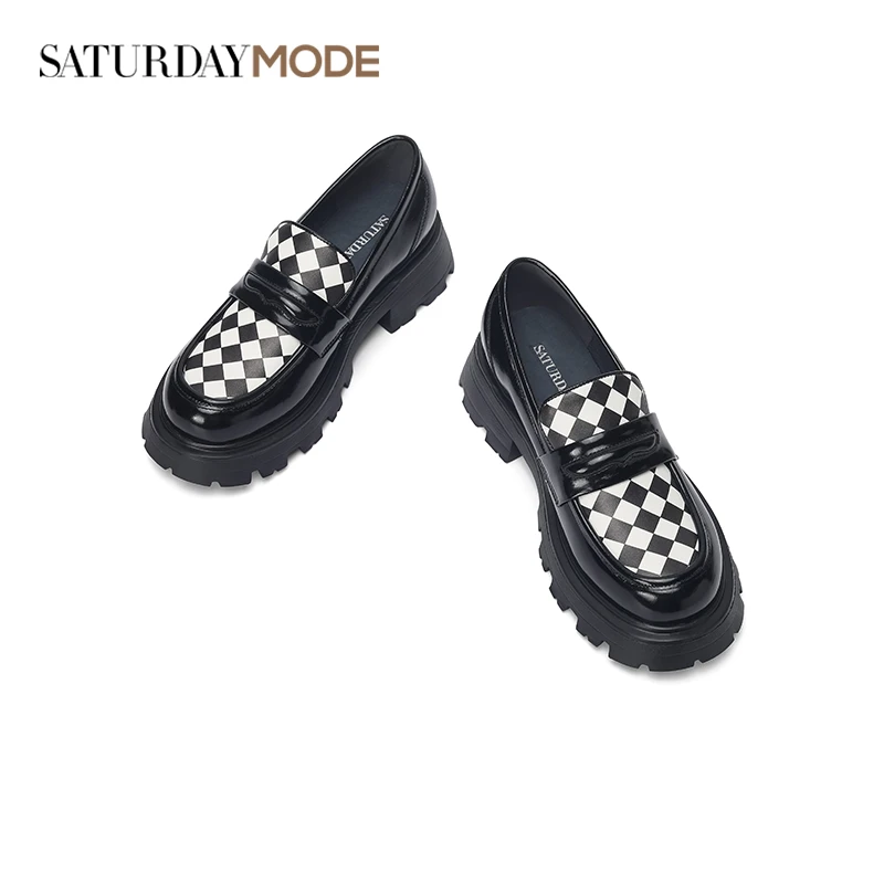 SATURDAYMODE中跟乐福鞋女新款圆头棋盘格潮酷小皮鞋MD21112D23