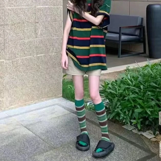 网红mona同款棕绿色撞色条纹袜子女潮流穿搭中筒袜女ins潮女袜