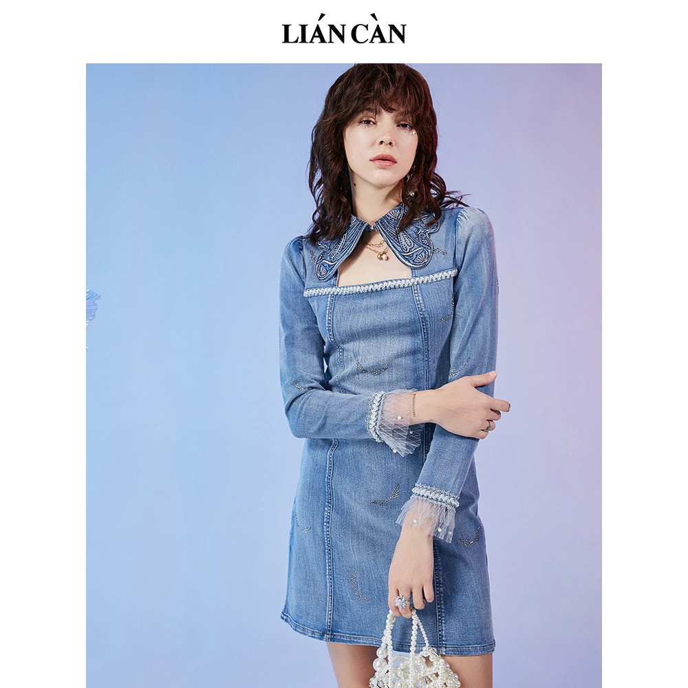 【莲灿】2025设计款镂空钉钻泡泡袖牛仔长袖连衣裙7121322009