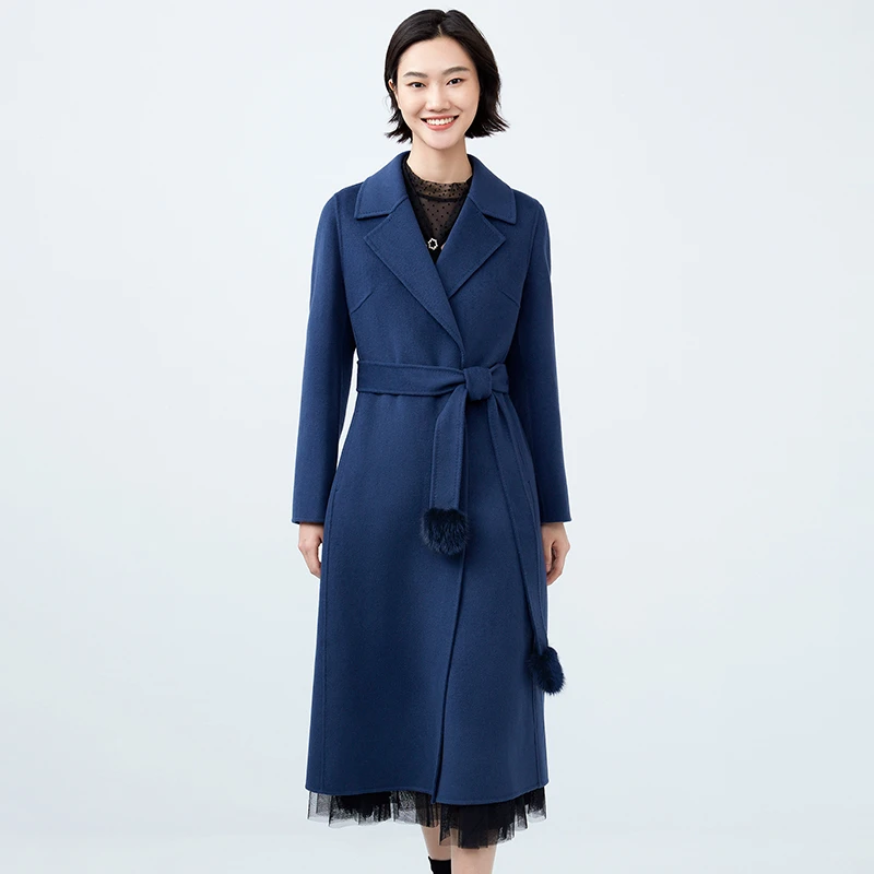 娜尔思秋冬蓝色羊毛双面呢气质修身中长款女士系带大衣NL00476M5