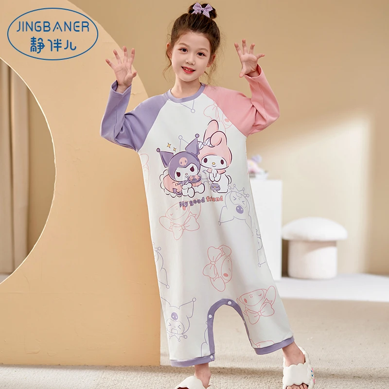 儿童连体睡衣春秋季纯棉长袖女孩宝中大童夏季薄款防踢睡袋连体衣