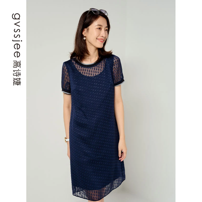 高诗婕夏季新款短袖连衣裙甜美圆领显瘦中长裙D232T60025-45