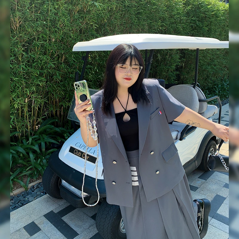 希酱欧尼 韩系短袖西装外套+百褶半身裙
