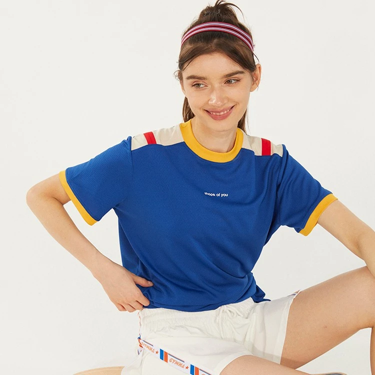 gymna复古蓝色显白宽松短袖T恤遮臀运动透气上衣训练健身衣显瘦女