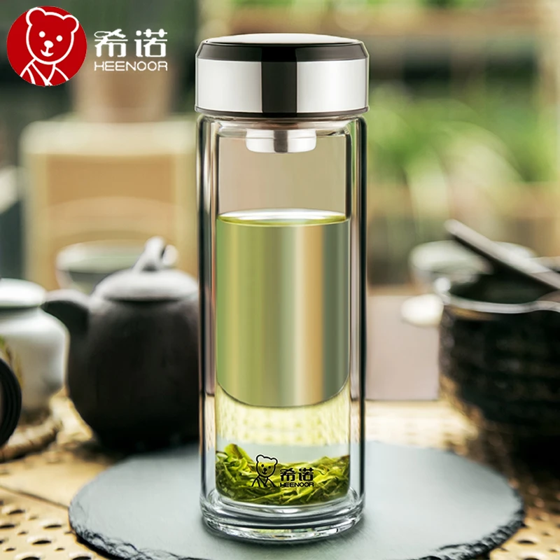 希诺大容量便携带盖玻璃杯商务送礼高档水杯过滤泡茶透明喝水杯子