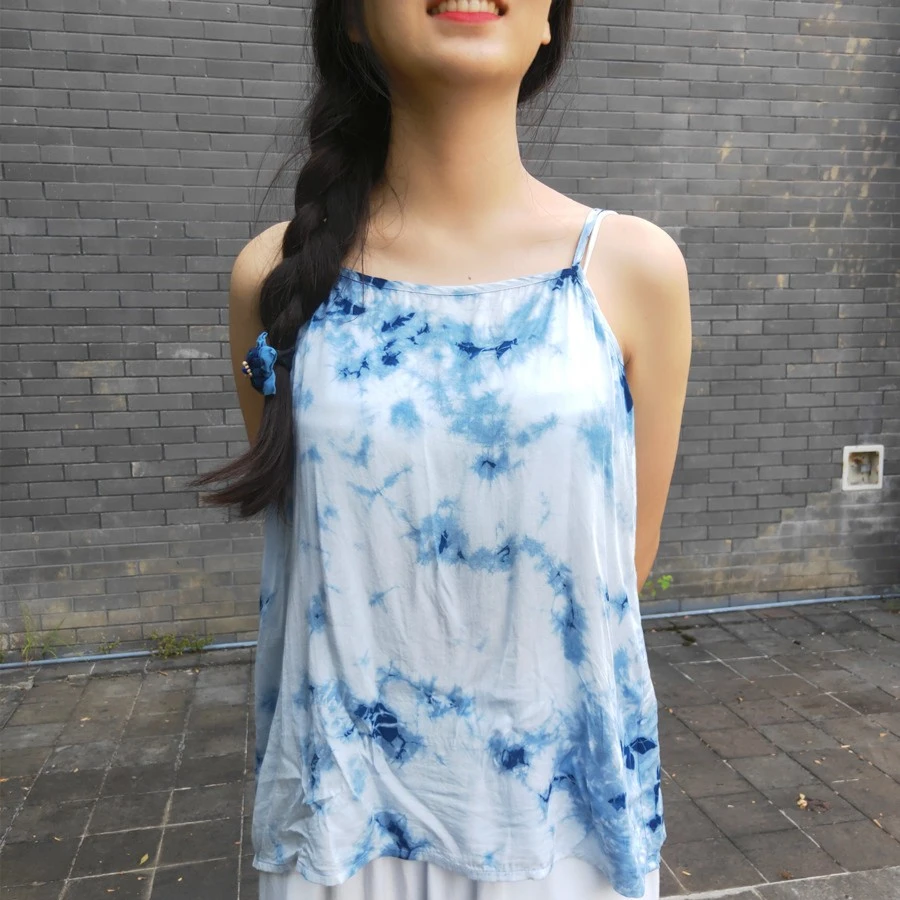 蜡的世界夏季新款手工植物染碎花扎染吊带衣百搭吊带女装