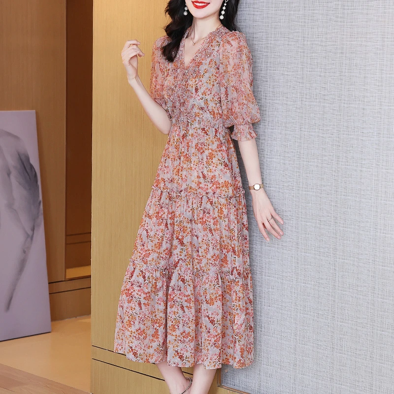 【季雅依】真丝连衣裙2023新款夏季女装花色长款桑蚕丝裙子2516
