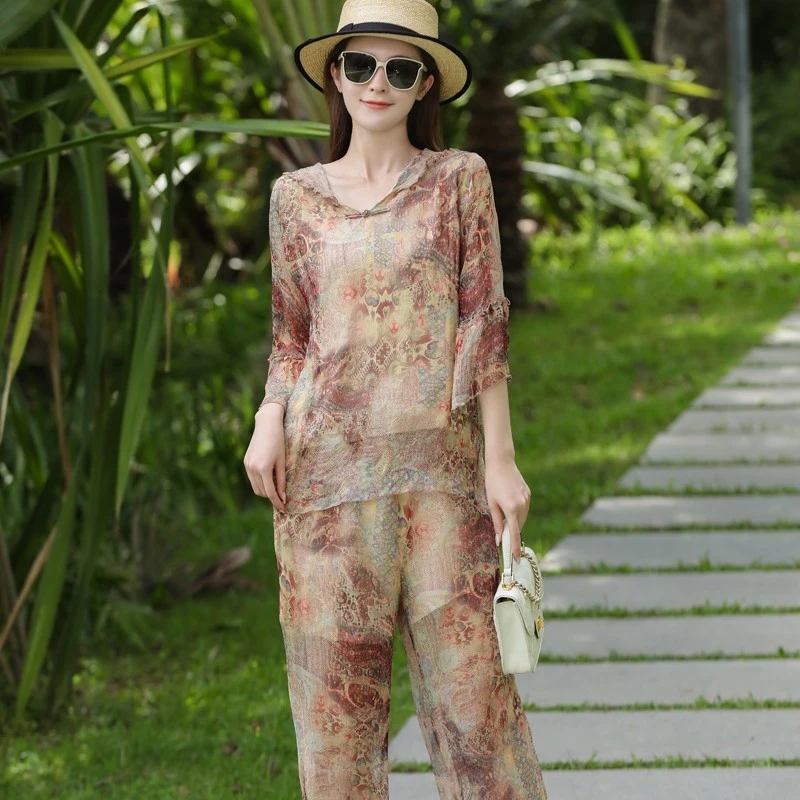 拜占庭的森林新款休闲时尚百搭款桑蚕丝气质宽松印花套装两件套女