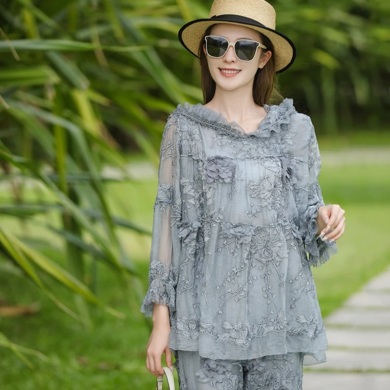 拜占庭的森林高档新款桑蚕丝套装立体刺绣花连帽上衣裤子两件套女