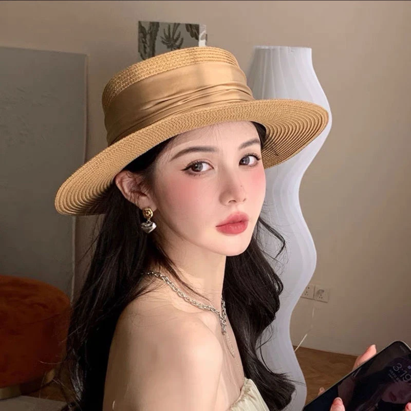 春夏英伦复古草帽女遮阳防晒海边度假沙滩帽ins网红日系平顶礼帽