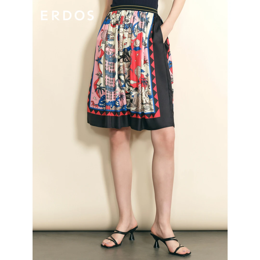 ERDOS 桑蚕丝中腰A字优雅图案时尚印花半身裙 休闲半裙