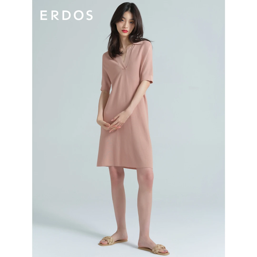 ERDOS 裙子连衣裙简约通勤小翻领半袖女薄款纯色夏季长裙