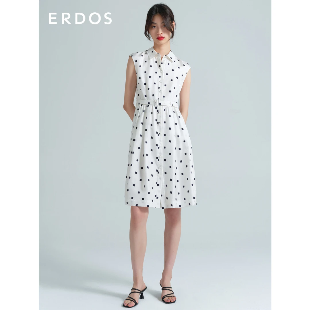 ERDOS 春夏桑蚕丝无袖印花波点连衣裙裙子 收腰显瘦优雅气质