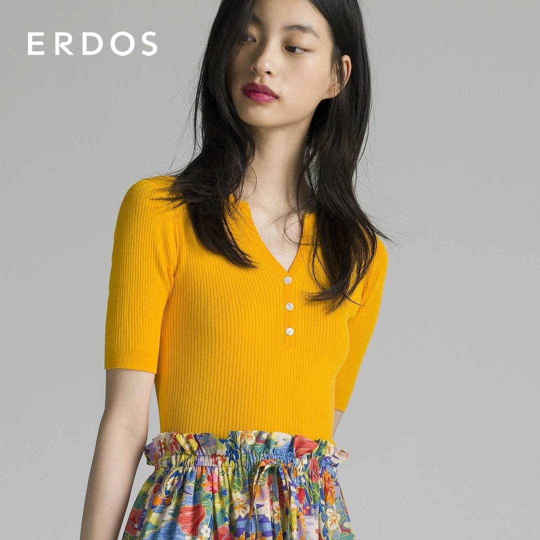 ERDOS 春夏季女士圆领抽条半袖套头衫 修身上衣 休闲时尚通勤女装