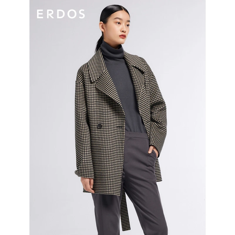ERDOS 绵绵羊毛毛呢大衣港风复古千鸟格大翻领秋冬