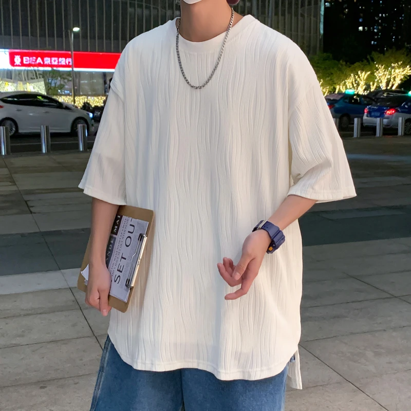 芝觅    夏季港风ins潮流垂感冰丝短袖T恤男装潮宽松克莱因蓝上衣