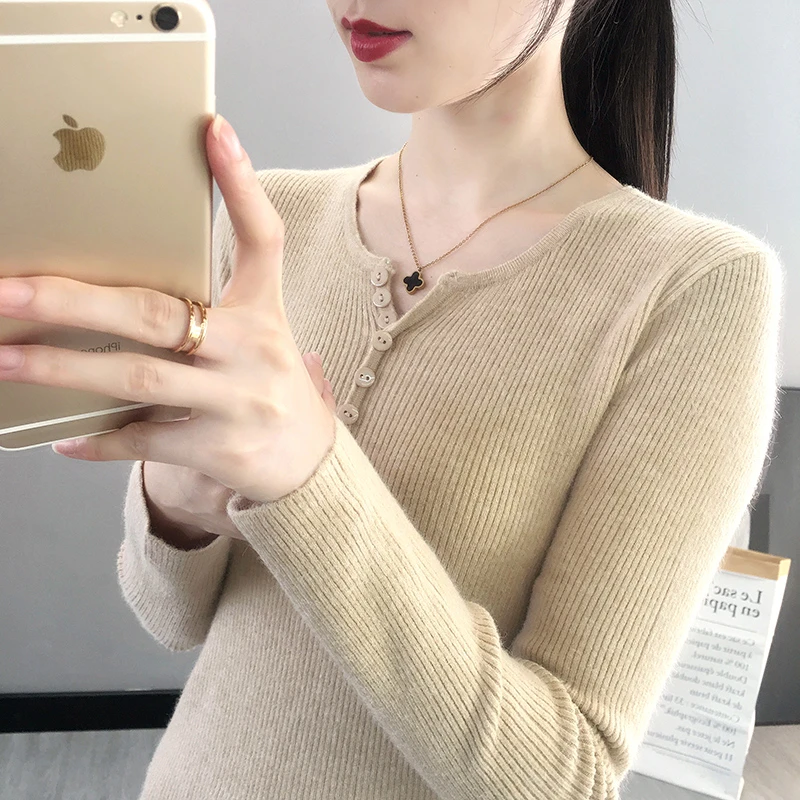 5373-卡其【晶姐优选】纯色V领长袖针织内搭毛衣女打底衫百搭秋冬